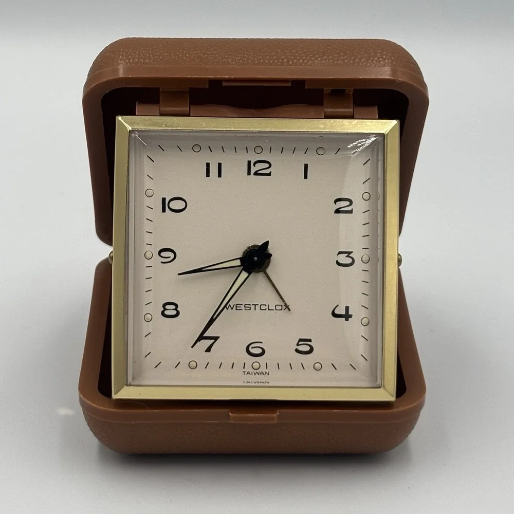 Vintage Westclox Compact Windup Travel‎ Alarm Clock Tan Folding Case Works Great